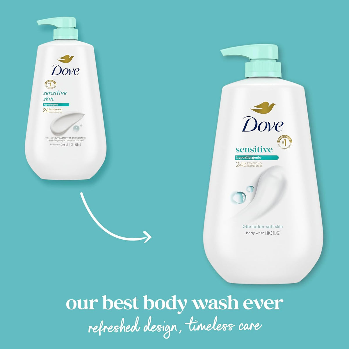 Limpiador corporal Dove con dosificador Piel sensible Para una piel suave como si te hubieras aplicado loción durante 24h Limpiador hidratante suave Fórmula hipoalergénica sin sulfatos ni parabenos 907 g