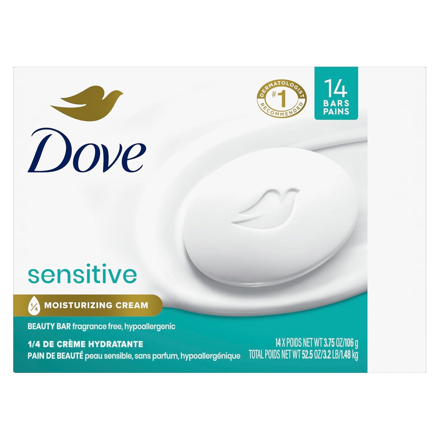Dove Beauty Bar Más humectante que el jabón en barra para una piel más suave, sin fragancia, barra de belleza hipoalergénica para piel sensible con limpiador suave 3.75 oz 14 barras