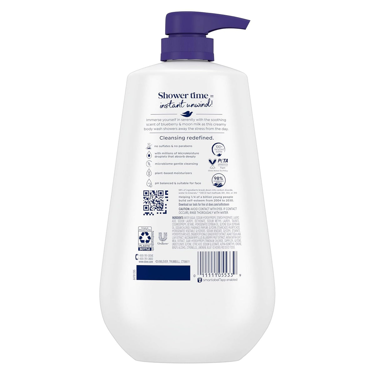 Gel de baño Dove Unwind de arándanos y leche lunar para una piel suave como loción durante 24 horas, limpiador hidratante para la piel sin sulfatos ni parabenos, 907 g