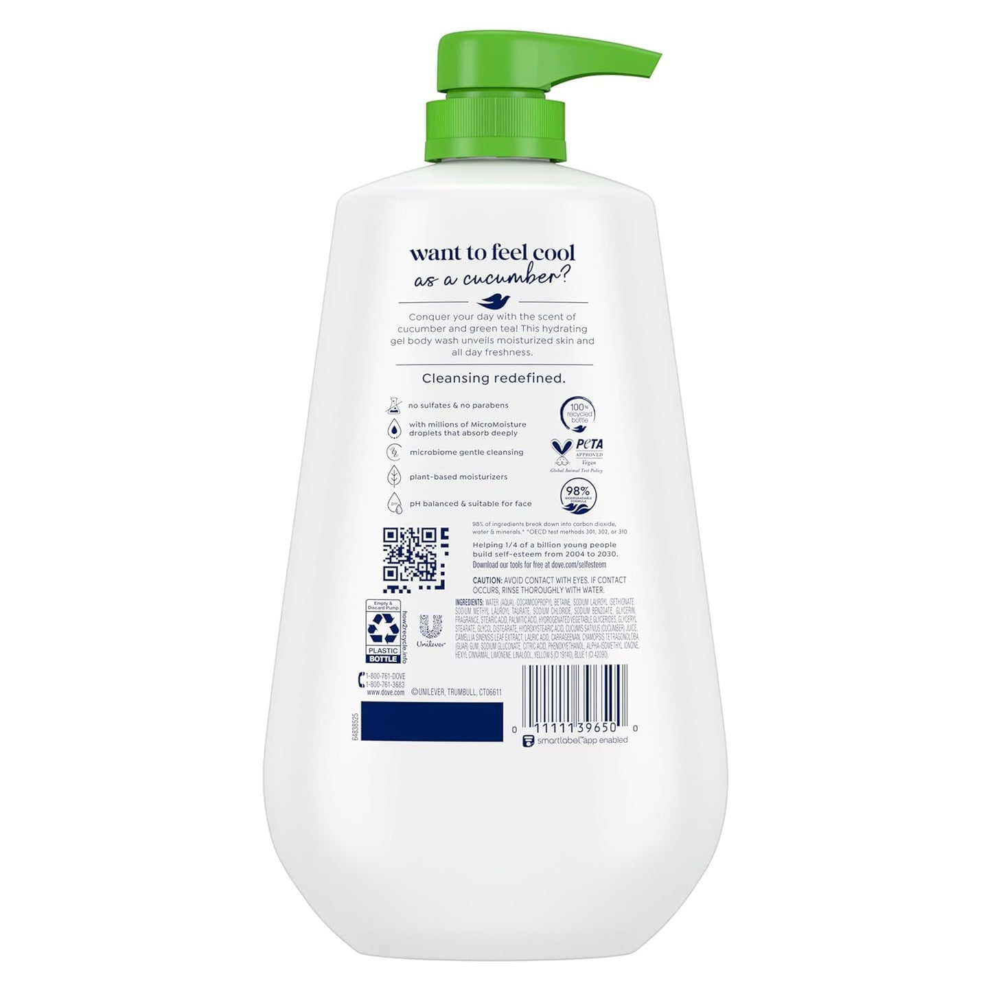 Dove Gel de Ducha con Dosificador Refrescante Pepino y Té Verde para Piel Suave como la Loción por 24h Limpiador Corporal Hidratante Sin Sulfatos Sin Parabenos 909 g