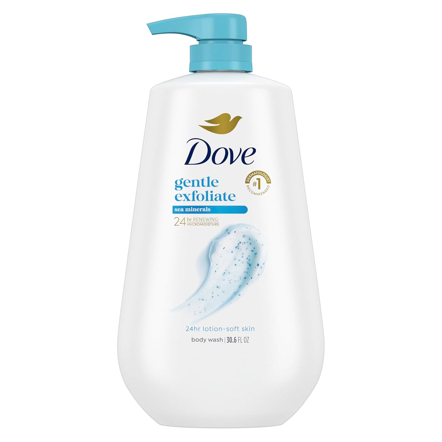 Dove Body Wash con dosificador exfoliante suave con minerales marinos para una piel suave como la loción durante 24 horas, limpiador hidratante para la piel sin sulfatos ni parabenos, 908 g