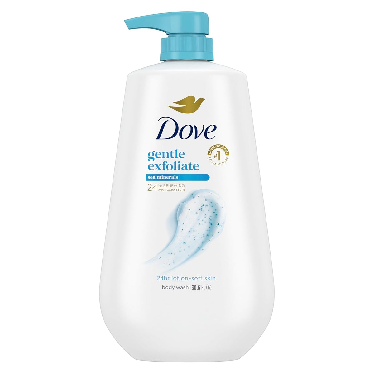 Dove Body Wash con dosificador exfoliante suave con minerales marinos para una piel suave como la loción durante 24 horas, limpiador hidratante para la piel sin sulfatos ni parabenos, 908 g