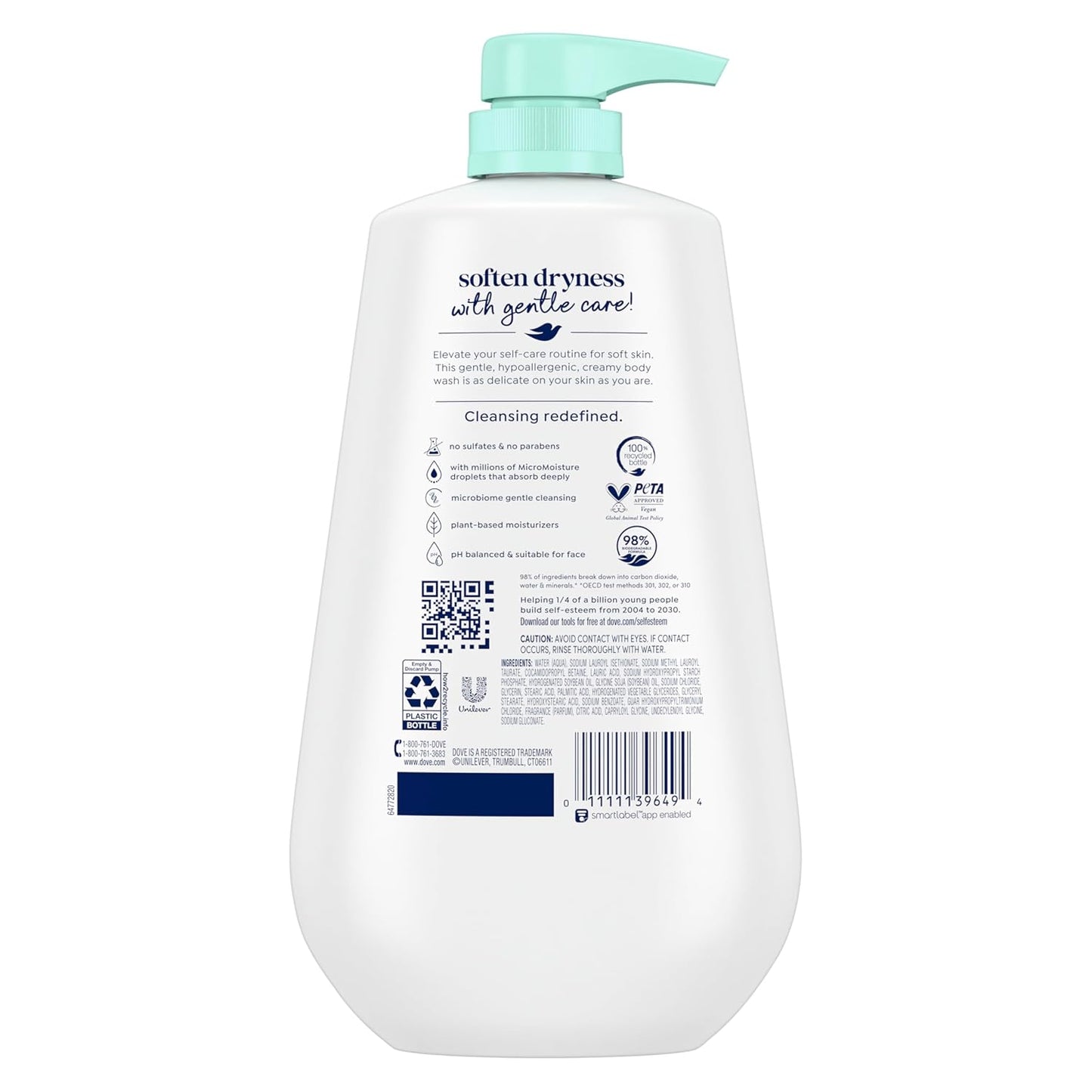 Limpiador corporal Dove con dosificador Piel sensible Para una piel suave como si te hubieras aplicado loción durante 24h Limpiador hidratante suave Fórmula hipoalergénica sin sulfatos ni parabenos 907 g