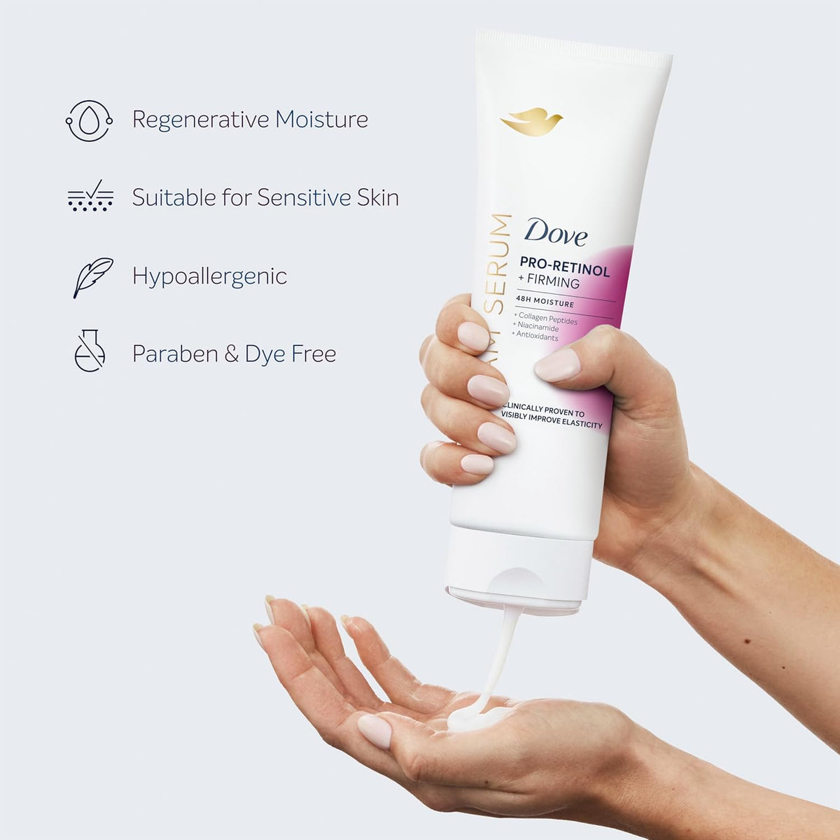 Loción Dove Crema Sérum Pro-Retinol + Reafirmante para Elasticidad y Firmeza, con Péptidos de Colágeno, Niacinamida y Antioxidantes, 8 oz