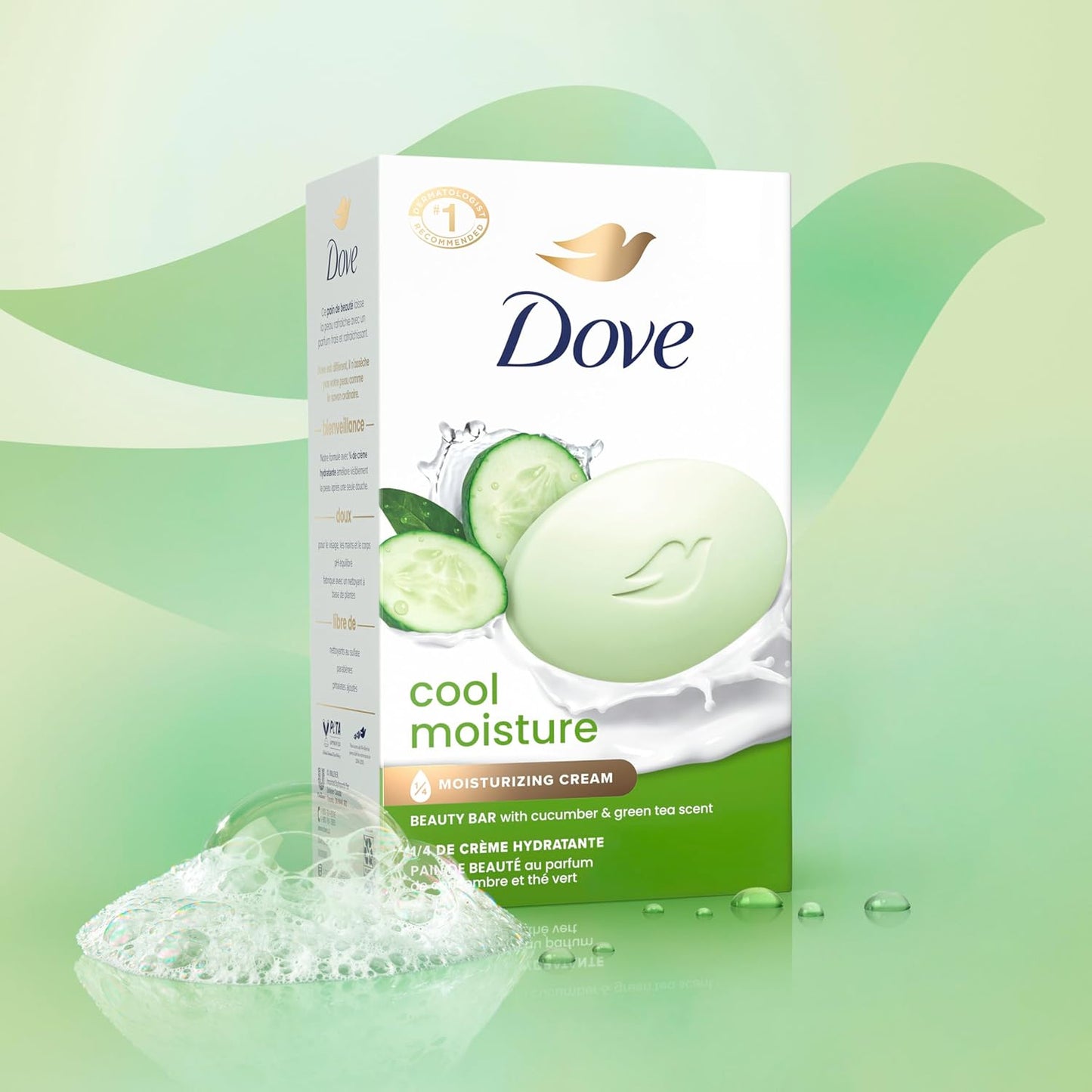 Dove Beauty Bar Jabón Cool Moisture Aroma Pepino y Té Verde, 8 barras para una piel fresca, deja la piel fresca 106 g