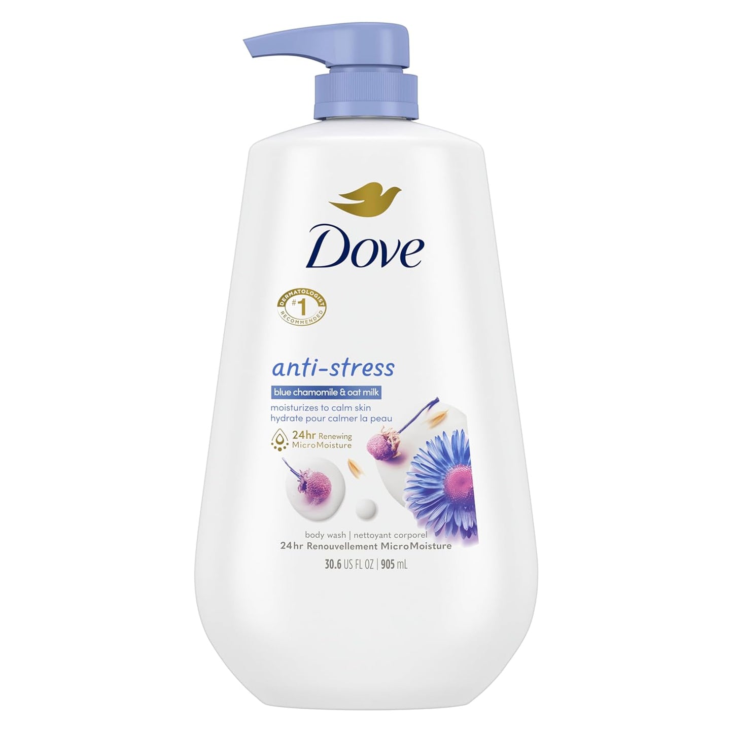 Dove Jabón Corporal con Dosificador Anti estrés, de Camomila Azul y Leche de Avena, para una Piel Suave e Hidratada por 24 Horas, Limpiador Hidratante sin Sulfatos ni Parabenos, 907 g