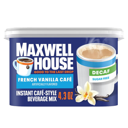 Maxwell House mezcla instantánea de café estilo cafetería, descafeinado y sin azúcar, fácil de preparar, 1 recipiente, para café matutino rápido o un gusto por la tarde, French Vanilla Cafe, lácteos kosher, 4.3 oz