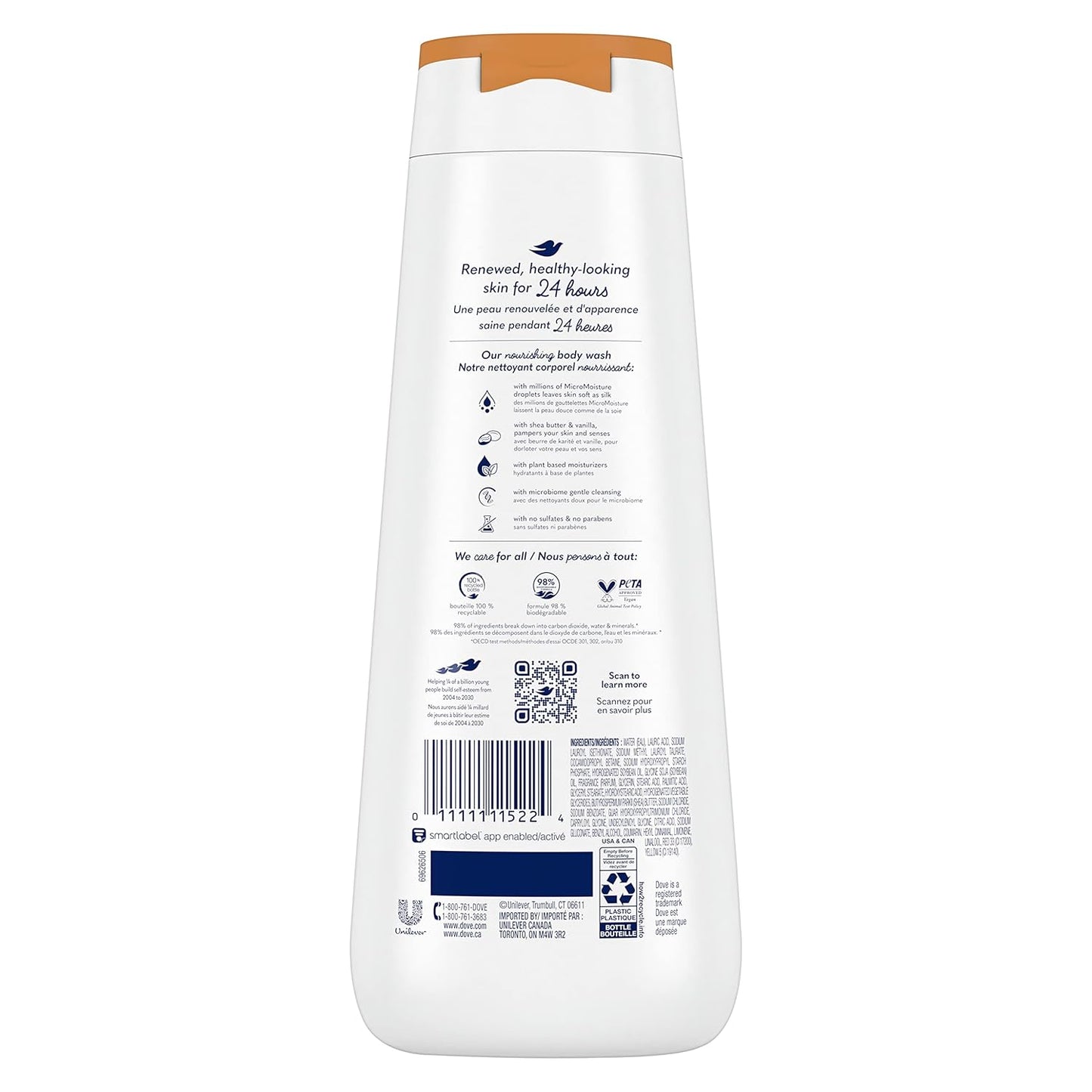 Dove Jabón Líquido Corporal, 4 unidades, humectante de karité y vainilla para una piel renovada y de aspecto saludable, limpiador suave con micromoléculas renovadoras de 24 horas, 20 oz