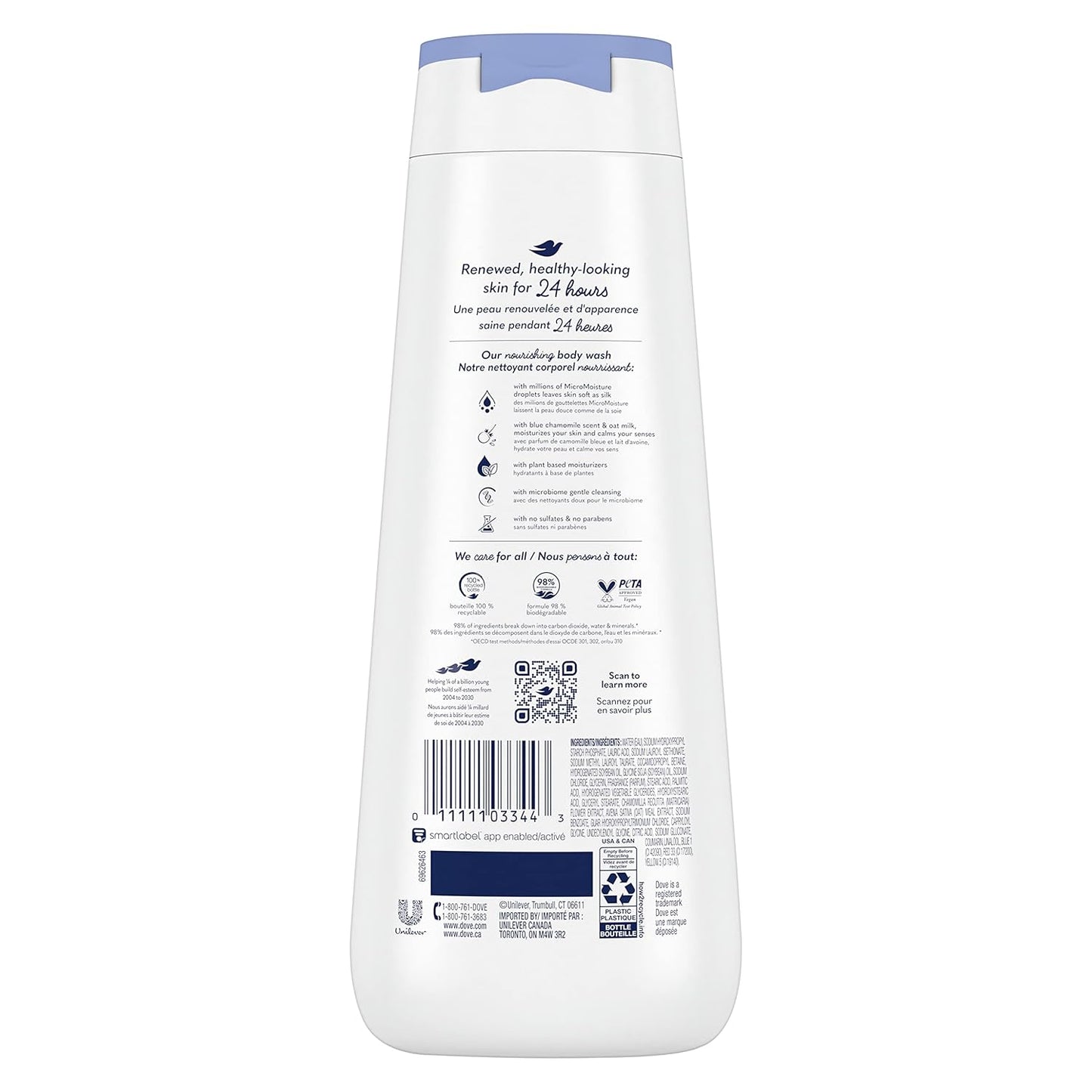 Dove Gel de Ducha Anti-estrés con Manzanilla Azul y Leche de Avena, Paquete de 4, para Piel Renovada y de Aspecto Saludable, Limpiador Hidratante Suave con Microhumedad Renovadora 24h, 591 ml