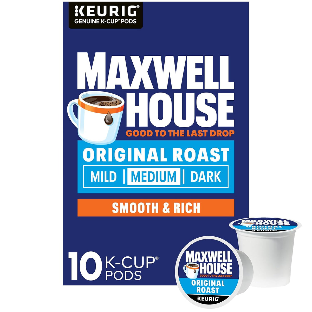 Maxwell House Original Roast Tostado Medio, Cápsulas K-Cup de Café, Caja de 10 unidades