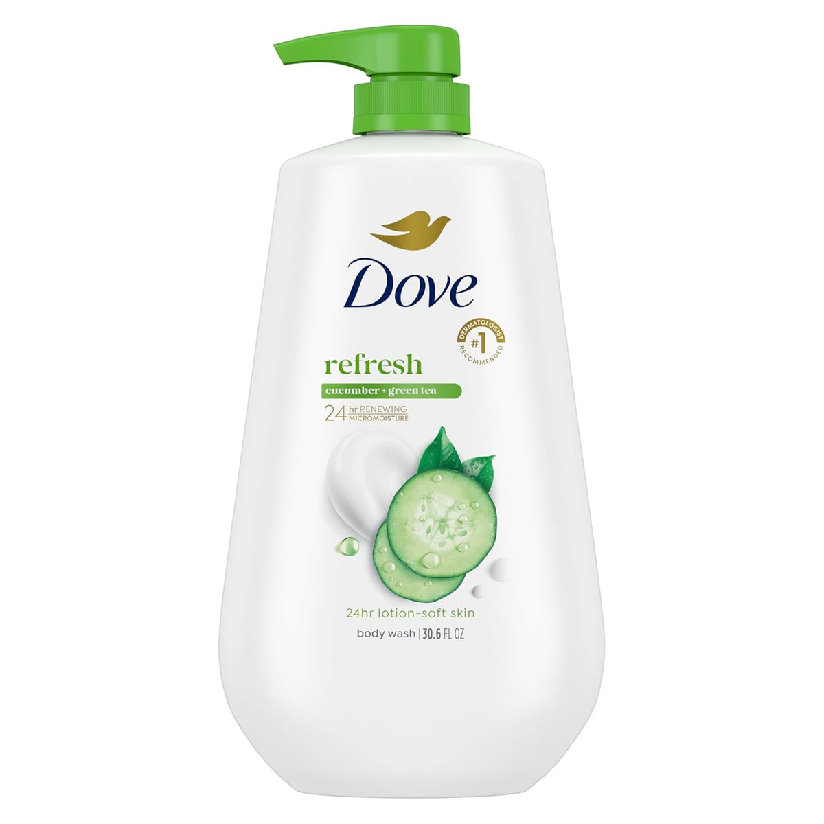 Dove Gel de Ducha con Dosificador Refrescante Pepino y Té Verde para Piel Suave como la Loción por 24h Limpiador Corporal Hidratante Sin Sulfatos Sin Parabenos 909 g