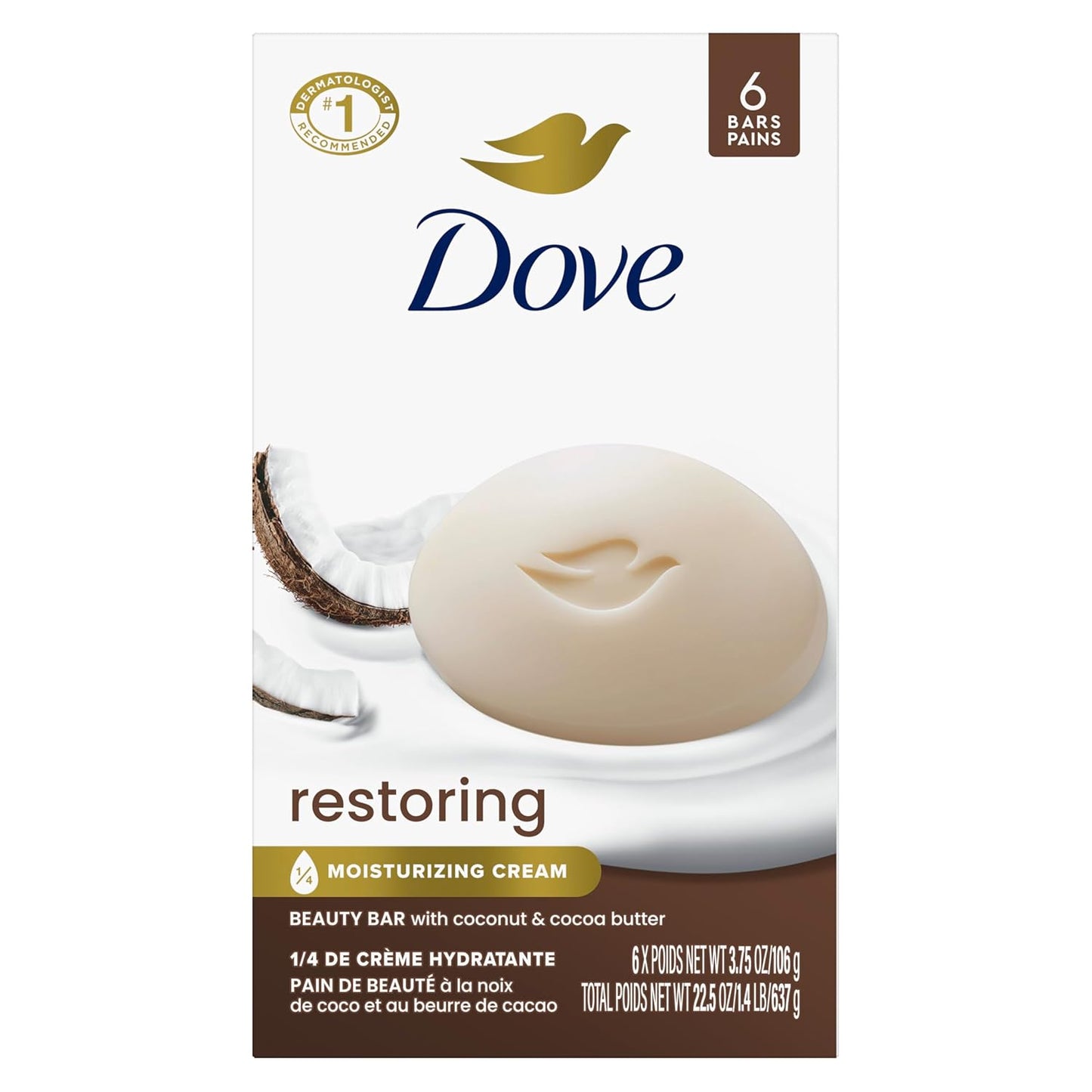 Dove Beauty Bar Jabón en barra Restaurador de Coco y Manteca de Cacao, 6 unidades para piel restaurada, nutre la piel 106 g