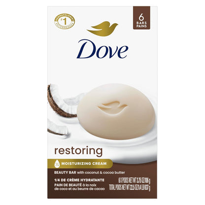 Dove Beauty Bar Jabón en barra Restaurador de Coco y Manteca de Cacao, 6 unidades para piel restaurada, nutre la piel 106 g
