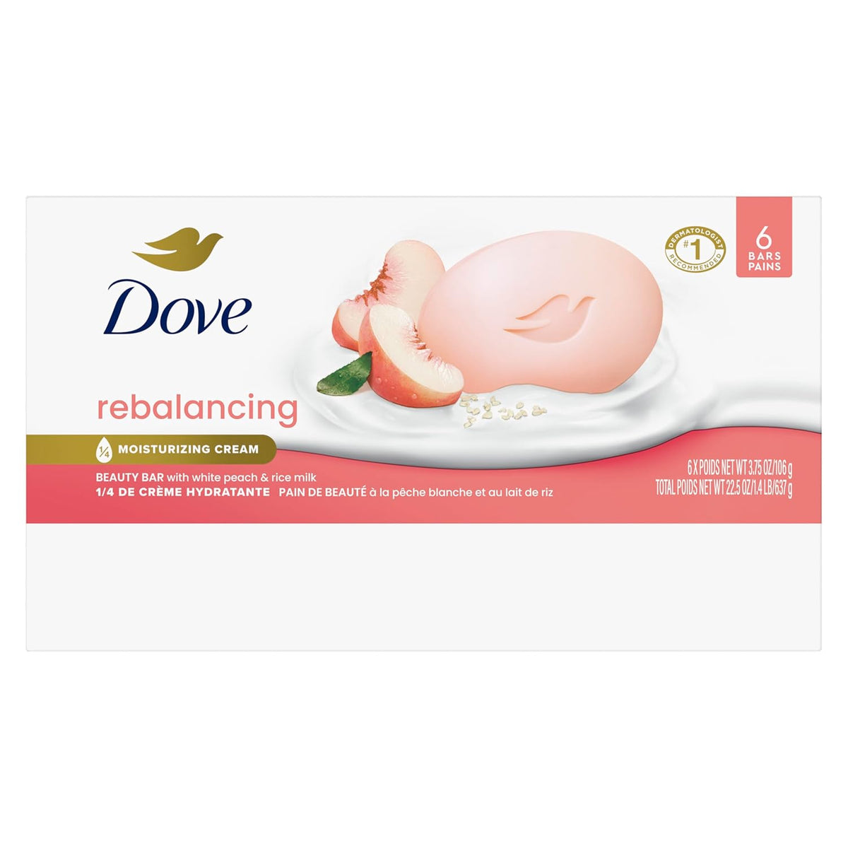 Dove Beauty Bar Jabón en barra Reequilibrante Durazno blanco y leche de arroz, paquete de 6 unidades para una piel nutrida e hidratada, con ¼ de crema humectante y fórmula de origen vegetal, 106 g