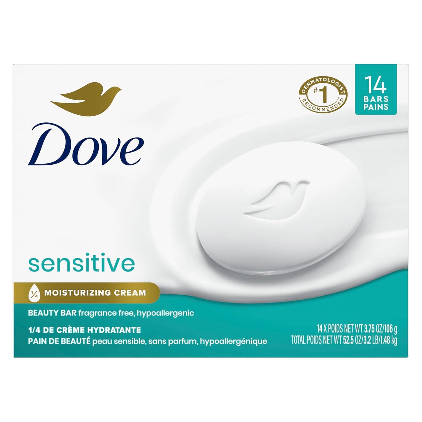Dove Beauty Bar Más humectante que el jabón en barra para una piel más suave, sin fragancia, barra de belleza hipoalergénica para piel sensible con limpiador suave 3.75 oz 14 barras