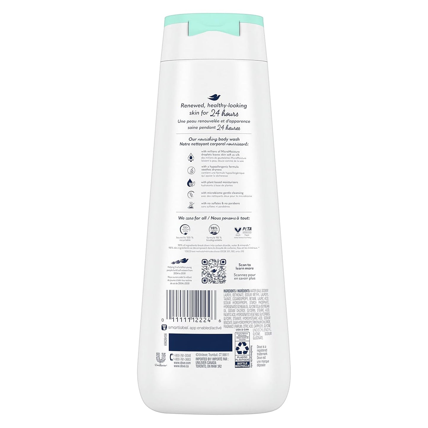 Dove Gel de Ducha Piel Sensible Paquete de 4 Hipoalergénico, Sin Parabenos, Sin Sulfatos, Libre de Crueldad Animal, Limpiador Hidratante para la Piel Elimina Eficazmente las Bacterias Mientras Nutre la Piel 591 ml