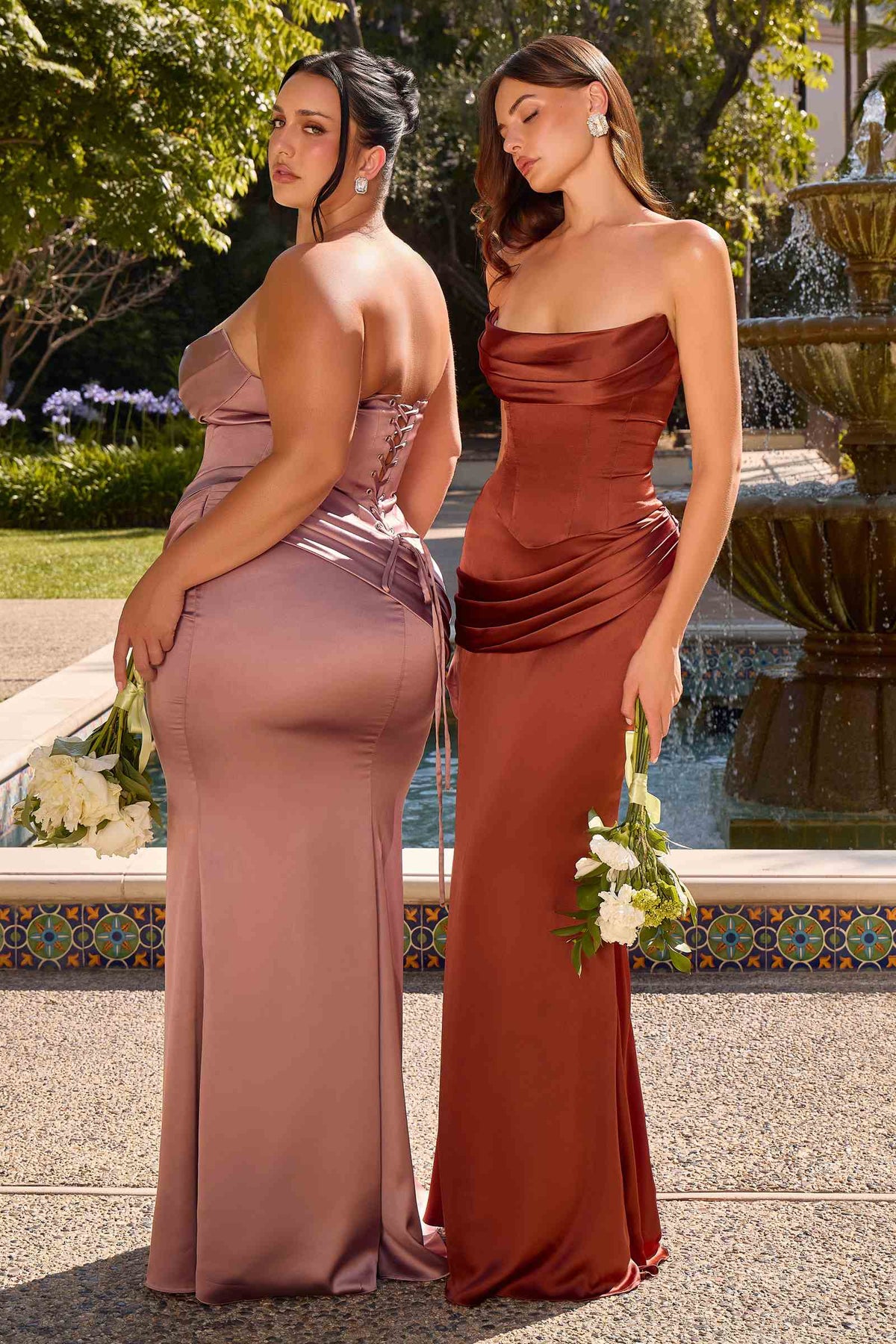 Vestido de noche ajustado de dos piezas sin tirantes de satén de lujo Ladivine 7439