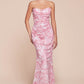 Ladivine 7445 Dress Strapless Floral Printed Fitted Soft Satin Dress