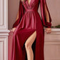 Cinderella Divine 7475 Long Split Blouson Sleeve Formal Dress Thigh Split