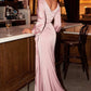 Cinderella Divine 7478 Long Blouson Sleeve Satin Fluid Drape Dress Front Slit