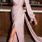 Cinderella Divine 7478 Long Blouson Sleeve Satin Fluid Drape Dress Front Slit