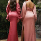Cinderella Divine 7482C Long Sleeve Off the Shoulder Soft Satin Fitted Dress