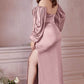 Cinderella Divine 7482 Long Sleeve Off the Shoulder Soft Satin Fitted Dress