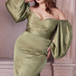 Cinderella Divine 7482 Long Sleeve Off the Shoulder Soft Satin Fitted Dress