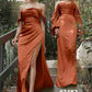 Cinderella Divine 7482 Long Sleeve Off the Shoulder Soft Satin Fitted Dress