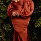 Cinderella Divine 7482C Long Sleeve Off the Shoulder Soft Satin Fitted Dress