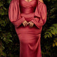 Cinderella Divine 7482 Long Sleeve Off the Shoulder Soft Satin Fitted Dress