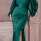Cinderella Divine 7482 Long Sleeve Off the Shoulder Soft Satin Fitted Dress