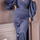 Cinderella Divine 7482 Long Sleeve Off the Shoulder Soft Satin Fitted Dress