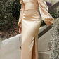 Cinderella Divine 7482 Long Sleeve Off the Shoulder Soft Satin Fitted Dress