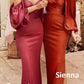 Cinderella Divine 7482 Long Sleeve Off the Shoulder Soft Satin Fitted Dress