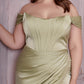 Cinderella Divine 7484C Plus Size Off the Shoulder Corset Satin Formal Gown