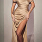 Cinderella Divine 7488 Long Column Satin Formal Dress Gathered