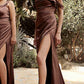 Cinderella Divine 7488 Long Column Satin Formal Dress Gathered