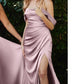 Cinderella Divine 7488 Long Column Satin Formal Dress Gathered