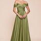 Cinderella Divine 7493C Long Plus Size A-Line Off the Shoulder Satin Dress