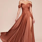 Cinderella Divine 7493C Long Plus Size A-Line Off the Shoulder Satin Dress
