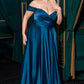 Cinderella Divine 7493C Long Plus Size A-Line Off the Shoulder Satin Dress