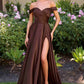 Cinderella Divine 7493C Long Plus Size A-Line Off the Shoulder Satin Dress
