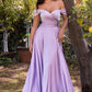 Cinderella Divine 7493C Long Plus Size A-Line Off the Shoulder Satin Dress