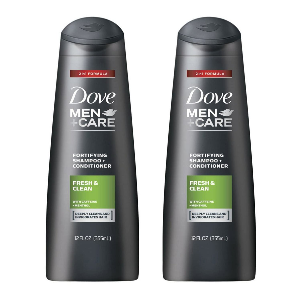 Dove Men+Care Champú y Acondicionador Fortificante 2 en 1 Fresco y Limpio para Cabello Normal a Graso con Cafeína y Mentol para Ayudar a Fortalecer y Nutrir el Cabello, 355 ml (Paquete de 2)