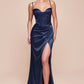 Ladivine 7495 Long Fitted Bustier Satin Draped Gown