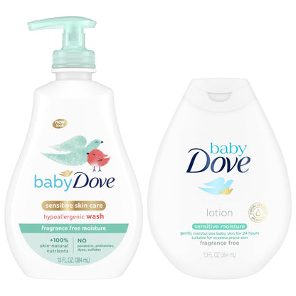 Paquete de cuidado para piel sensible Dove Baby – Jabón hipoalergénico y loción sin fragancia para bebé, set de regalo humectante de 13 oz cada uno (juego de 2 piezas)