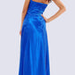 LIQUIDACIÓN - Vestido largo de fiesta sin tirantes de satén con cuerpo plisado de pedrería (Talla S, L)