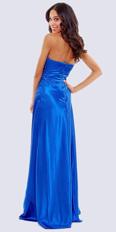 LIQUIDACIÓN - Vestido largo de fiesta sin tirantes de satén con cuerpo plisado de pedrería (Talla S, L)