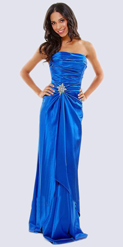 LIQUIDACIÓN - Vestido largo de fiesta sin tirantes de satén con cuerpo plisado de pedrería (Talla S, L)